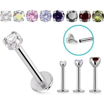 Piercing Labret se zirkonem LBCZIN (Labret z chirurgické oceli 316L s vnitřním závitem, s horním hrotem osazeným zirkonem LBCZIN)