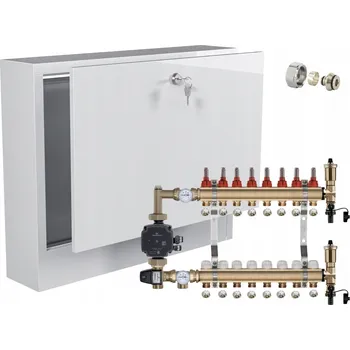 rozdělovač topení Rozdělovač pro podlahové topení 8 okruhů s ČERPADLEM GRUNDFOS + PEX potrubí + SKŘÍŇKA NA OMÍTKU