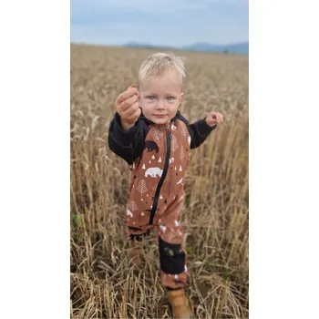 Kojenecká kombinéza Yháček Rostoucí kombinéza softshellová, zimní s flísem, Lesní zvěř na karamelové Velikost: 86-92