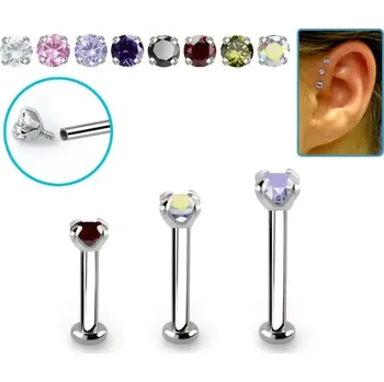 Piercing Labret se zirkonem různých délek TLBCZIN (Labret z chirurgické oceli 316L s vnitřním závitem, s horním hrotem osazeným zirkonem TLBCZIN)