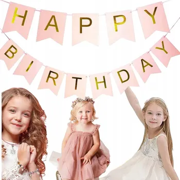 NAROZENINOVÁ GIRLANDA S NÁPISEM HAPPY BIRTHDAY RŮŽOVÁ ZLATÉ NÁPISY 200 cm