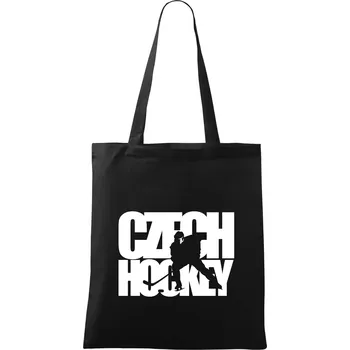 Nákupní taška Czech hockey - nápis s hokejistou - Mistrovství světa v ledním hokeji 2026 - Taška bavlněná - 42 x 38 cm ( Černá )