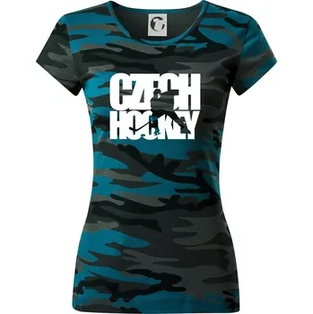 Czech hockey - nápis s hokejistou - Mistrovství světa v ledním hokeji 2026 - Dámské maskáčové triko - M ( Petrolejová maskáč )