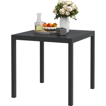 Zahradní stůl Outsunny zahradní stůl hliníkový 73x73 cm odolný proti povětrnostním vlivům bufetový stůl se vzhledem dřeva, kempingový stůl pro 4 osoby černý