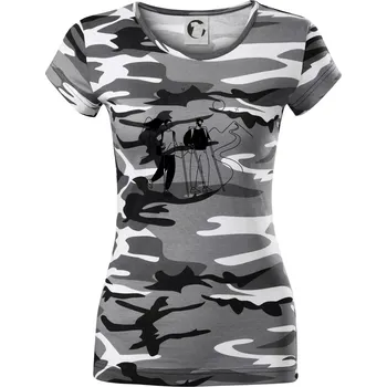 Dámské tričko Kreslený pár na výletě - Dámské maskáčové triko - L ( Šedý maskáč )