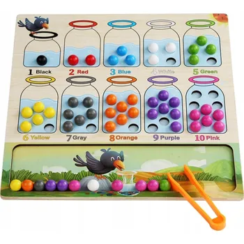 Dřevěná hračka SKLÁDAČKA SKLENICE KULIČKY TABULE PRO VÝUKU POČÍTÁNÍ A BAREV VZDĚLÁVACÍ HRA