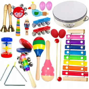 Dřevěná hračka DŘEVĚNÉ Hudební nástroje Sada Cimbálky Trojúhelník 18 Dílů + Taška