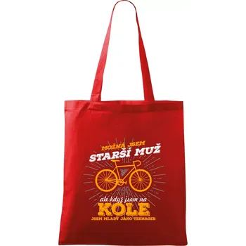 Nákupní taška Starší muž - cyklista silniční kolo - Taška bavlněná - 42 x 38 cm ( Červená )