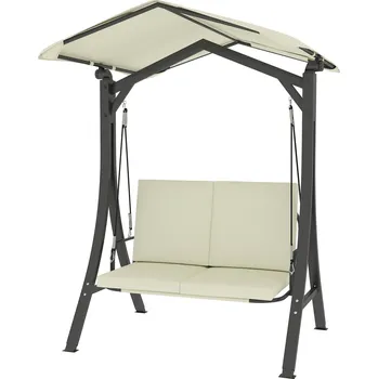 Zahradní houpačka Houpačka Outsunny Hollywood s nastavitelnou stříškou a sedákem, 2místná, do 220 kg, 150x120x182 cm, krémově bílá