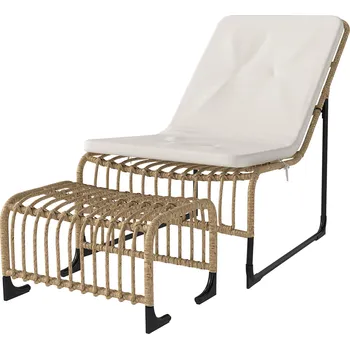 Zahradní lehátko Outsunny ratanové lehátko s podnožkou Zahradní křeslo odolné proti UV záření s popruhy na polštář 65 x 93 x 80 cm přírodní dřevo