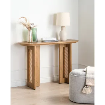 Obývací pokoj Konzolový stolek světle hnědý MDF ratanový podstavec vídeňský výplet 120 cm oválný tvar moderní styl obývací pokoj Beliani