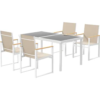 Zahradní sestava Outsunny 5dílný jídelní set, venkovní stůl z tvrzeného skla, 4 židle, odolný proti povětrnostním vlivům, ocelový rám, terasový nábytek, vícebarevný