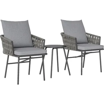 Zahradní sestava Outsunny 3dílná sada venkovního nábytku, 2 židle, 1 stůl, bistro set, umělý ratan, ocelový rám, kovový stůl, 4 polštáře, šedá barva