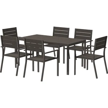 Jídelní stůl Outsunny sedací souprava 7dílná jídelní souprava pro 6 osob jídelní stůl se 6 židlemi drážkovaný stůl tmavě hnědý