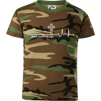 Chlapecké tričko Jesus Saved My Life kříž ekg - Dětské maskáčové triko - 146 cm/10 let ( Hnědý maskáč )