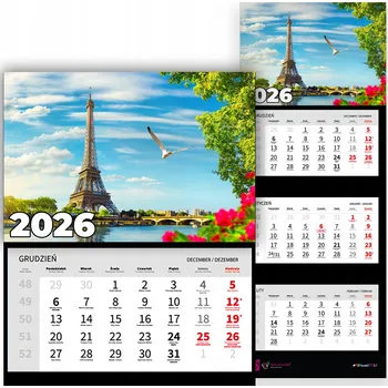 Kalendář Trojdílný kalendář na rok 2026, měsíční, nástěnný, kancelářský, motiv Paříž - RŮZNÉ VZORY