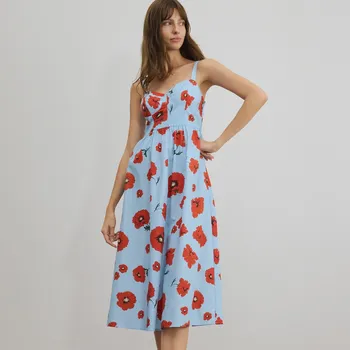 Dámské šaty Reserved - Květované midi šaty - světle modrá - 753II-50X - 753II-50X-XL