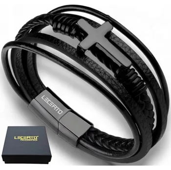 Náramek LECERTO KOŽENÝ PÁNSKÝ NÁRAMEK PREMIUM KŘÍŽ ŘEMEN PŘÍRODNÍ KŮŽE
