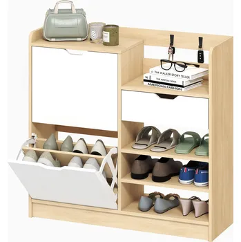 Botník HOMCOM Botník do předsíně, skříňka na boty s výklopnými zásuvkami, otevřené police, 4 háčky, až pro 14 párů bot, příroda