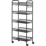 HOMCOM Kuchyňský vozík s 5 drátěnými koši, 4 háčky, 4 kolečka, 2 madla, ocel/plast, 45x26,5x106 cm, bílý