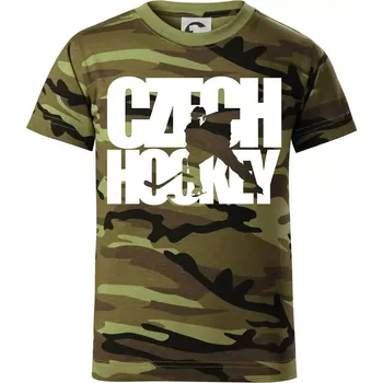 Czech hockey - nápis s hokejistou - Mistrovství světa v ledním hokeji 2026 - Dětské maskáčové triko - 146 cm/10 let ( Zelený maskáč )