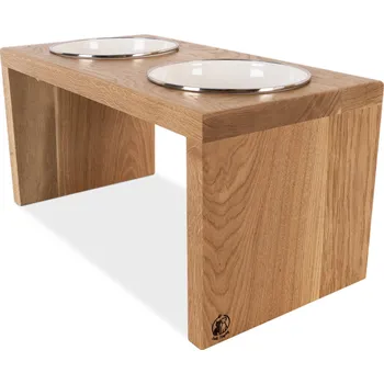 Miska pro psa Svět Tlapky Stojan na 2 smaltované misky pro psa GASTON RETRO Dřevina nebo odstín: Jasan (dřevo), Výška: 10cm (malé plemeno), Průměr miska (rozměr): Miska 18cm/0,8l (50 x 24cm)