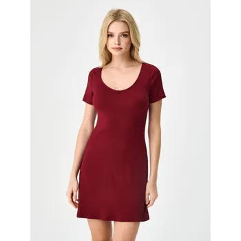 Dámské šaty Sinsay - Žebrované mini šaty s růží u výstřihu - burgundy - 589FI-83X - 589FI-83X-S