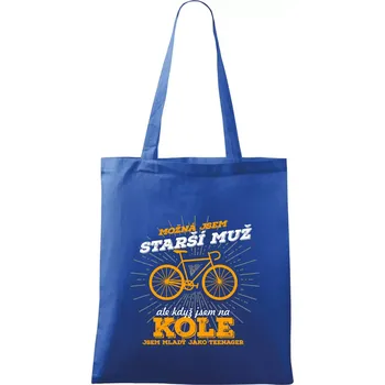 Nákupní taška Starší muž - cyklista silniční kolo - Taška bavlněná - 42 x 38 cm ( Královská modrá )