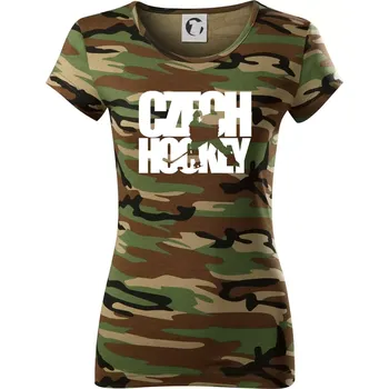 Dámské tričko Czech hockey - nápis s hokejistou - Mistrovství světa v ledním hokeji 2026 - Dámské maskáčové triko - XS ( Hnědý maskáč )