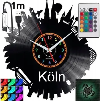 Hodiny Koln Nástěnné Hodiny s LED RGB Podsvícením na Dálkové Ovládání - Moderní Design Vinylové Desky