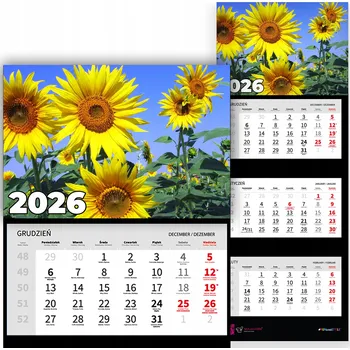 Kalendář Trojdílný kalendář na rok 2026, měsíční, nástěnný, kancelářský - Slunečnice vzor