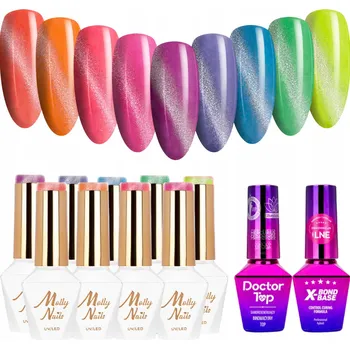 Lak na nehty 9x Hybridní lak MOLLYNAILS 8g Neon Flashy Cat Eye + Báze + Top SADA