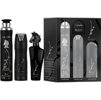Lattafa Maahir Black Edition sada parfémová voda ve spreji 100ml + deodorant ve spreji 200ml + osvěžovač vzduchu 300ml