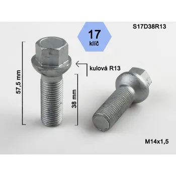 Šroubek na kolo Kolový šroub M14x1,5x38 koule R13, klíč 17, BIMECC