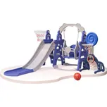 Plastová skluzavka, modrá, s houpačkou, se dvěma basketbalovými koši, 180 x 190 x 123 cm - N EMP