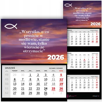Kalendář TRÍDÍLNÝ NÁSTĚNNÝ KALENDÁŘ 2026 - CITÁT Z BIBLE, MODLITBA - RŮZNÉ VZORY