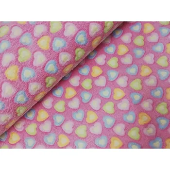 Fleece - 100%polyester, šíře 160 cm, 250 g/m2 - barevná srdíčka na růžové