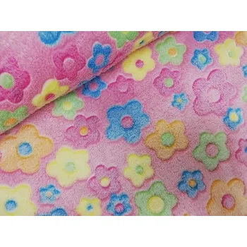 Fleece - 100%polyester, šíře 160 cm, 250 g/m2 - barevné kytičky na růžové