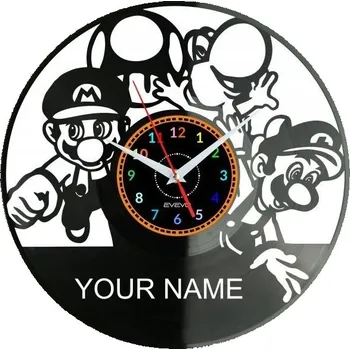Hodiny SUPER MARIO VAŠE JMÉNO NÁSTĚNNÉ HODINY VINYLOVÁ DESKA DÁREK PAMÁTKA K NAROZENINÁM