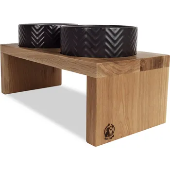 Miska pro psa Svět Tlapky Stojan na 2 keramické misky pro psa GASTON MONO Dřevina nebo odstín: Modřín (dřevo), Výška stojánku včetně misek: 11cm (malé plemeno), Průměr miska (rozměr): miska 13cm (34 x 18cm)