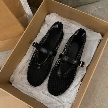 Dámské lodičky Letní síťované baleríny s přezkou Barva: Černá, Velikost: 37