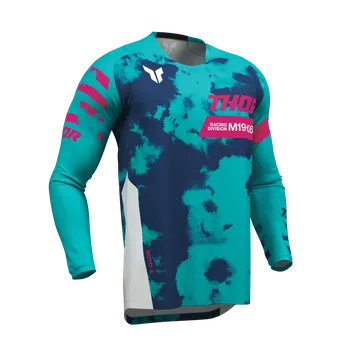 Moto dres Motokrosový / enduro dres THOR LAUNCHMODE BLEACH barva bílá/aqua (pro MX, MTB, ENDURO, volný střih dresu z materiálu odvádějícího vlhkost udržuje tělo v chladu a suchu)