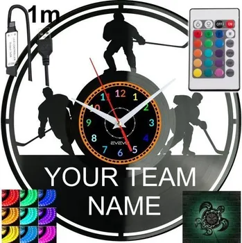 Hodiny Hokey Hodiny s Vaším Jménem Nástěnné LED RGB Podsvícené Dálkovým Ovládáním Vinylová Deska