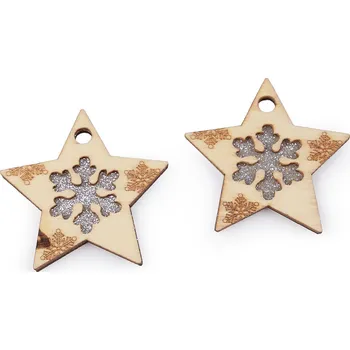 Vánoční dekorace Dřevěná ozdoba stromeček, vločka s glitry k zavěšení Varianta: 1 přírodní sv. hvězda, Balení: 2 ks 53836/134322/249162