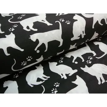 Bavlněná česká látka šíře 160cm - bílá kočka na černé (50cm)