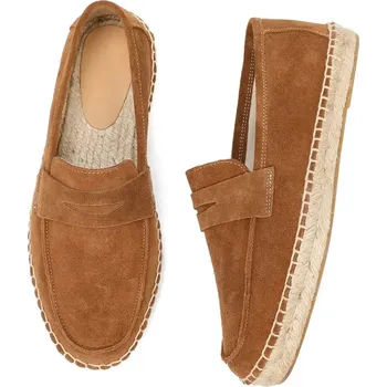 Pánské mokasíny Pánské espadrilky slip-on z přírodní kůže a jutové tkaniny Barva: Hnědá, Velikost: 45
