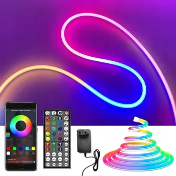 LED osvětlení LED PÁSEK 5M NEON 5050 RGB BLUETOOTH APLIKACE DÁLKOVÝ OVLADAČ DUHA 24V VODĚODOLNÝ