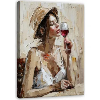 Obraz OBRAZ ŽENA V KLOBOUKU VÍNO LOŽNICE OBÝVÁK NA PLÁTNĚ NA ZEĎ 40x30