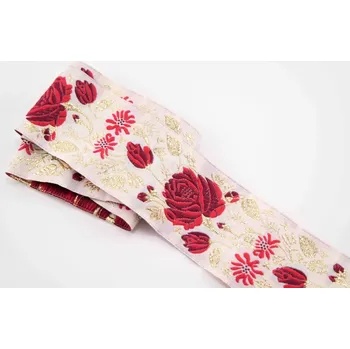Stuha Krojová stuha - lomená bílá s červenými růžemi a zlatými větvičkami - šíře 5 cm
