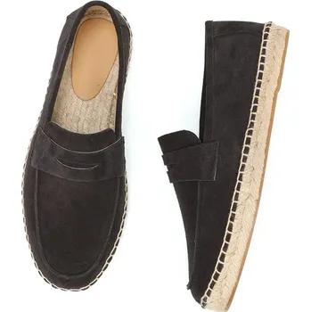 Pánské mokasíny Pánské espadrilky slip-on z přírodní kůže a jutové tkaniny Barva: Tmavě Hnědá, Velikost: 45